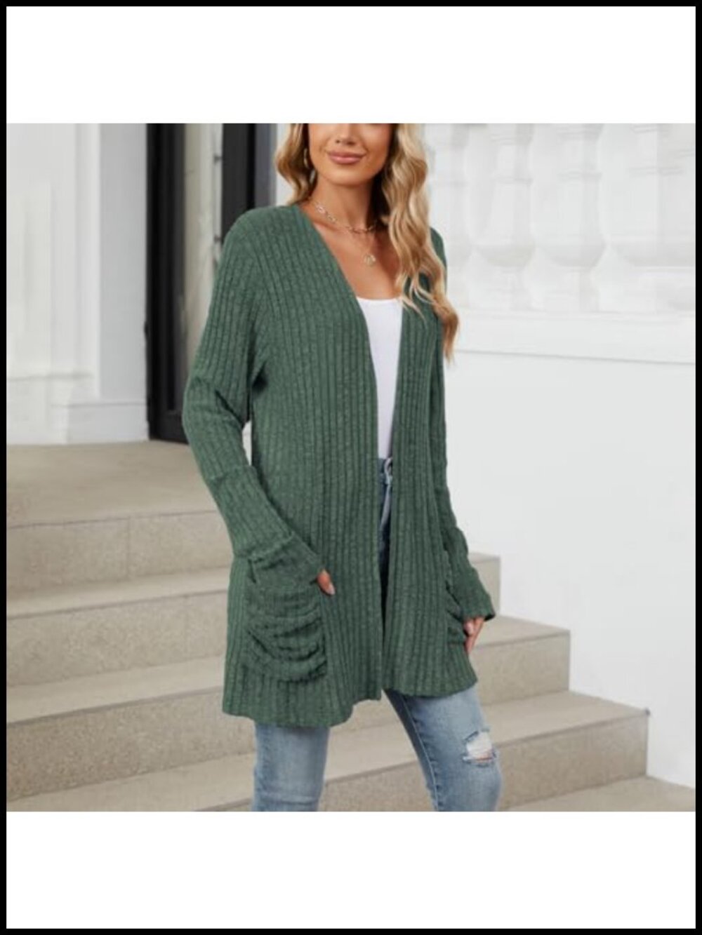 Oversized Open Front Ribbed Knit Cardigan with Pockets Long Sleeve - Picture 2 of 3